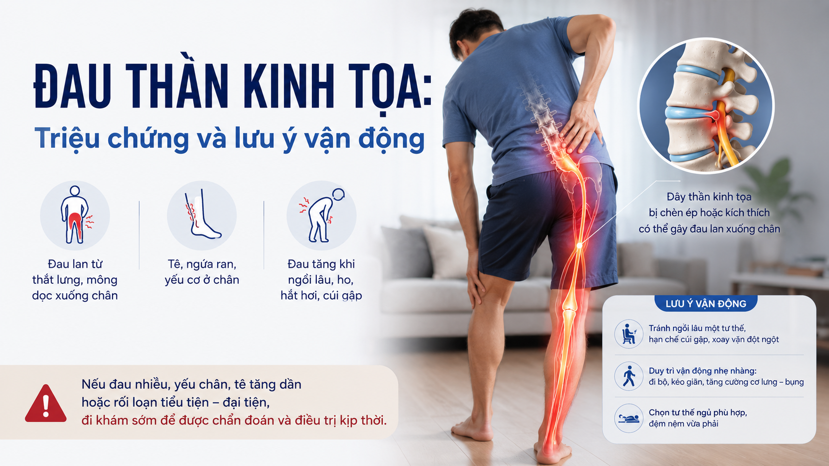 Đau thần kinh tọa: Triệu chứng và lưu ý vận động