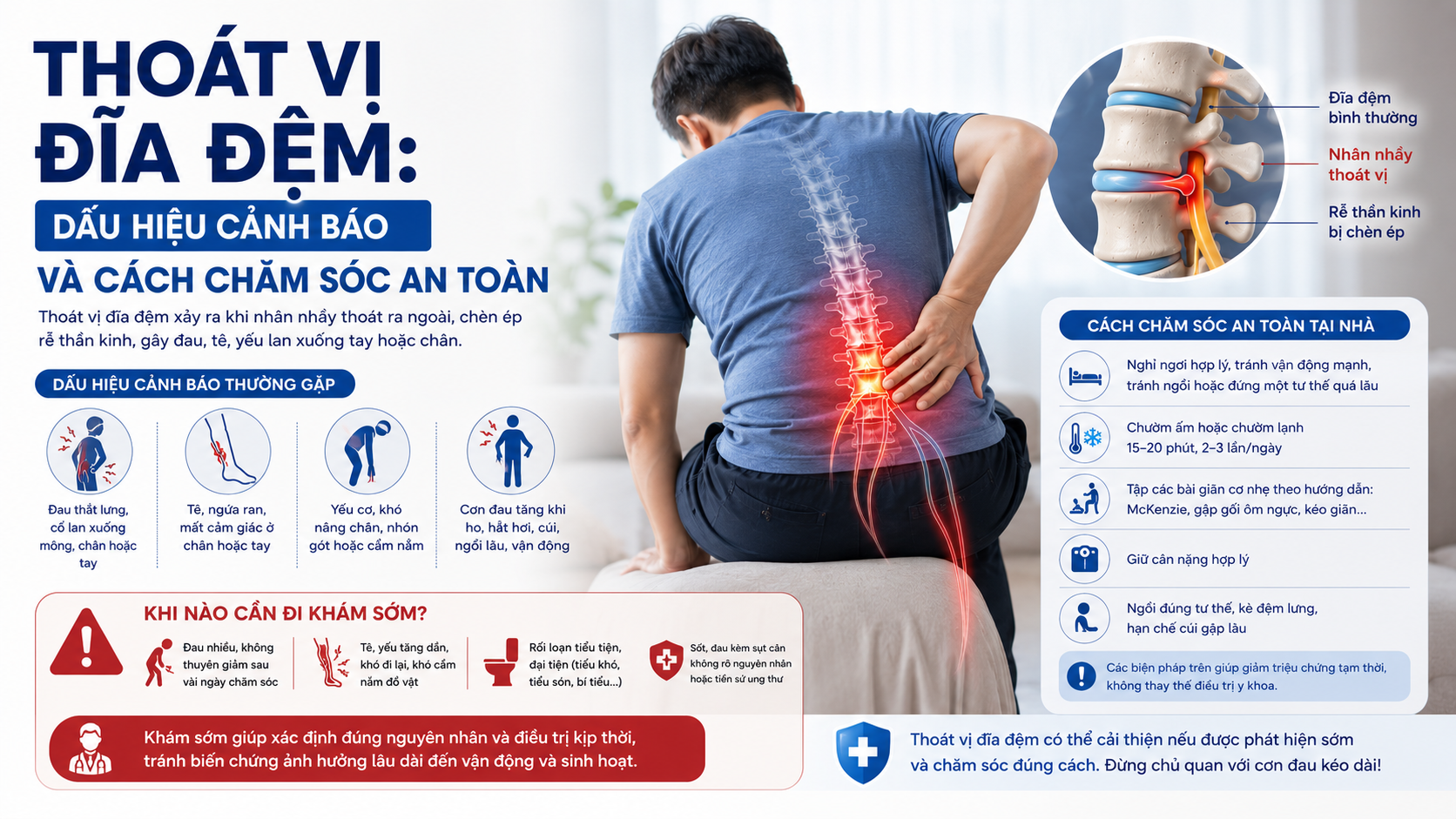 Thoát vị đĩa đệm: dấu hiệu cảnh báo và cách chăm sóc an toàn